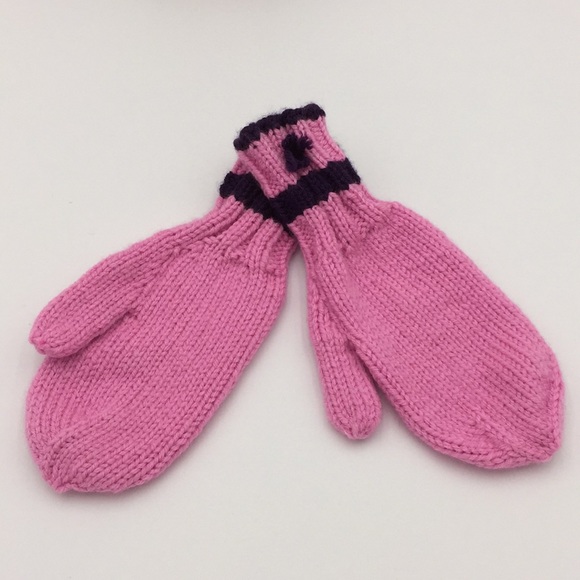 Hand Knit Girls Winter Hat + Pair of Mittens Pink Purple - Picture 7 of 13